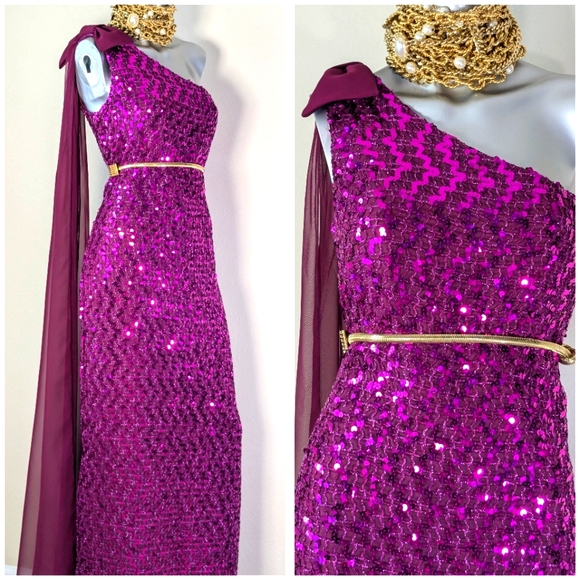 Off Shoulder Sequin Cocktail Evening Attached Chiffon Bow Side Split VTG Dress - Picture 2 of 12